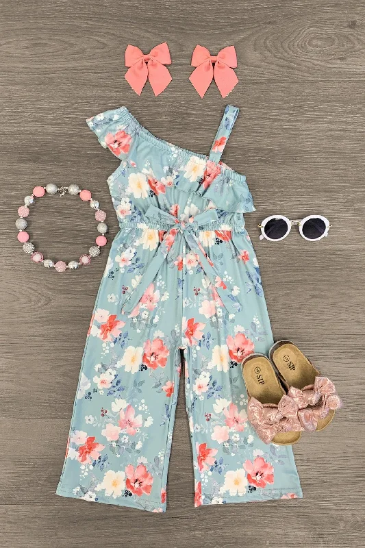 women's jumpsuits with pastel huesLight Blue One Shoulder Floral Jumpsuit