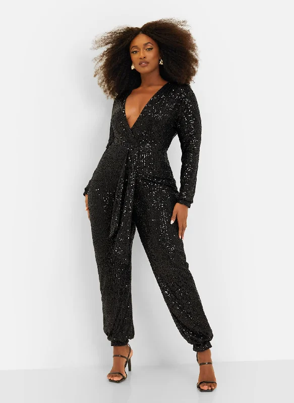 women's formal jumpsuitsEmpowered V-Neck Long Sleeve Sequin Jumpsuit - Black