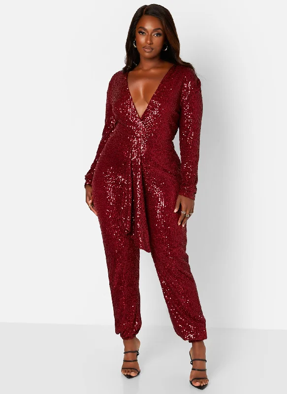 women's glam jumpsuitsEmpowered V-Neck Long Sleeve Sequin Jumpsuit