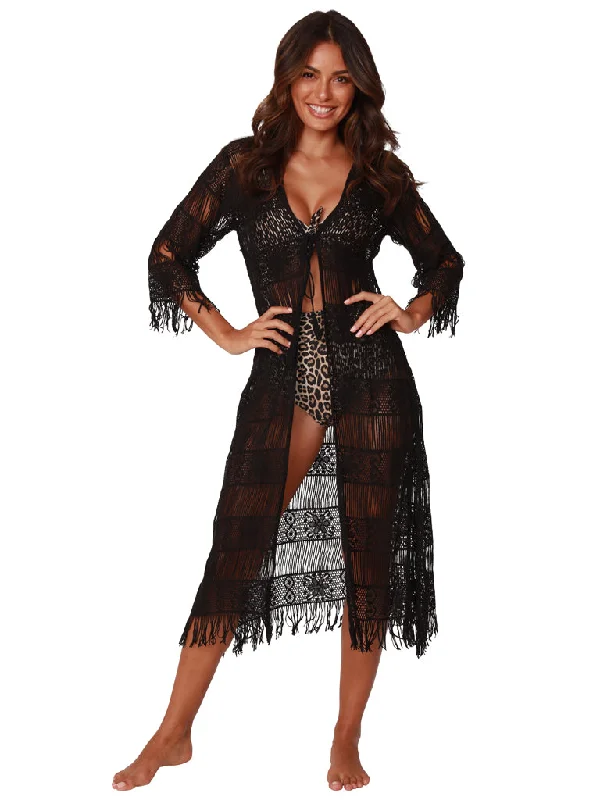 women's wrinkle-resistant dressesFringed black Kimono with a tasseled string tie front