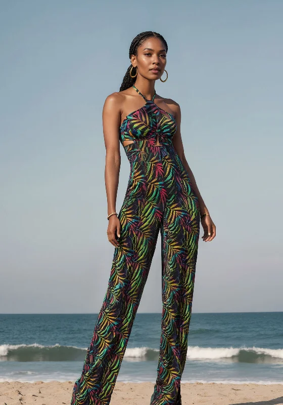 women's jumpsuits with belt loopsHalter Front Cut Out Ultra Wide Leg Jumpsuit