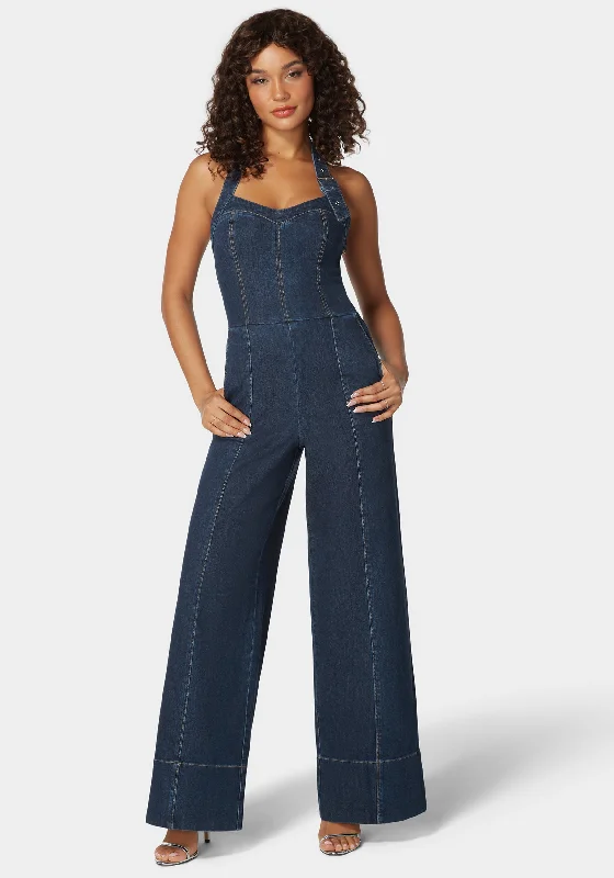 women's formal jumpsuitsHalter Neck Buckle Detail Wide Leg Denim Jumpsuit