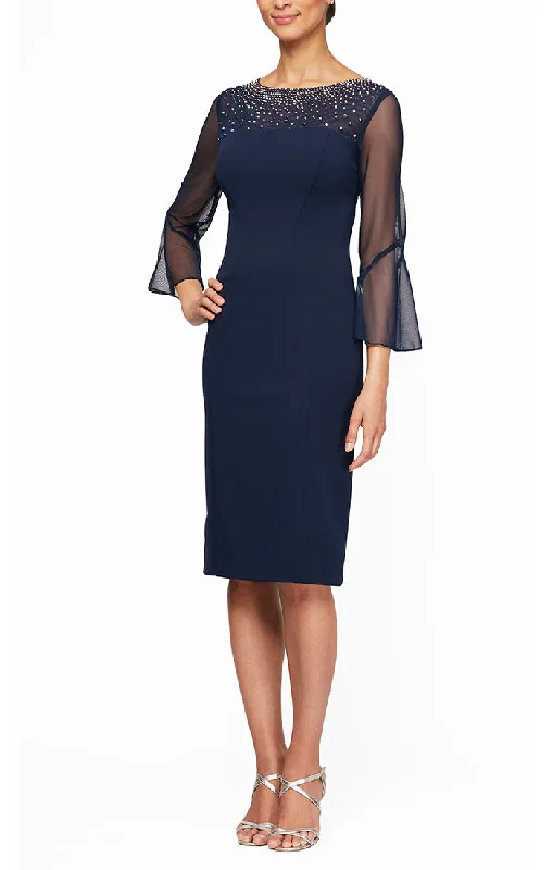 Sleeveless DressIllusion Neckline Bell Sleeve Dress With Metallic Accents | Navy