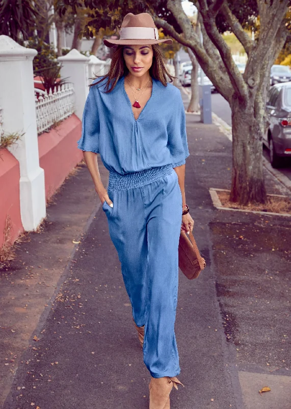 women's jumpsuits with belt loopsChambray Jumpsuit - Light Wash