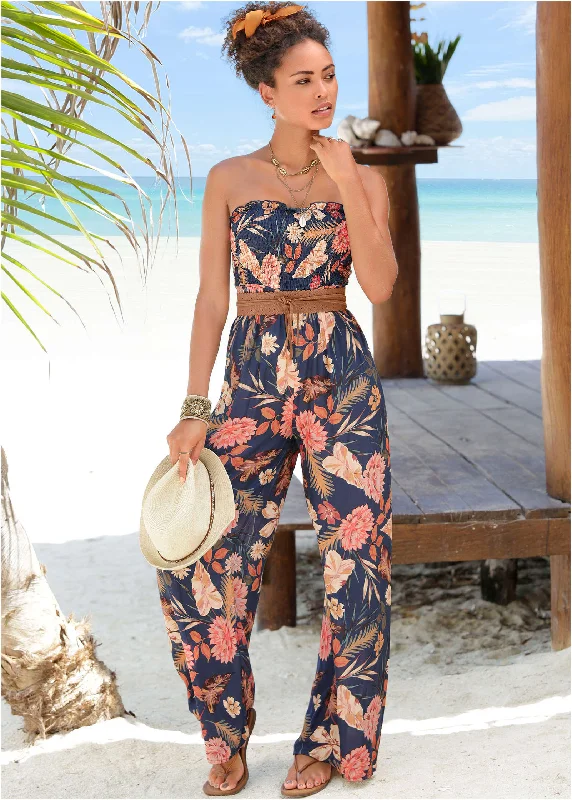 women's jumpsuits for everyday wearFloral Strapless Jumpsuit - Black Multi