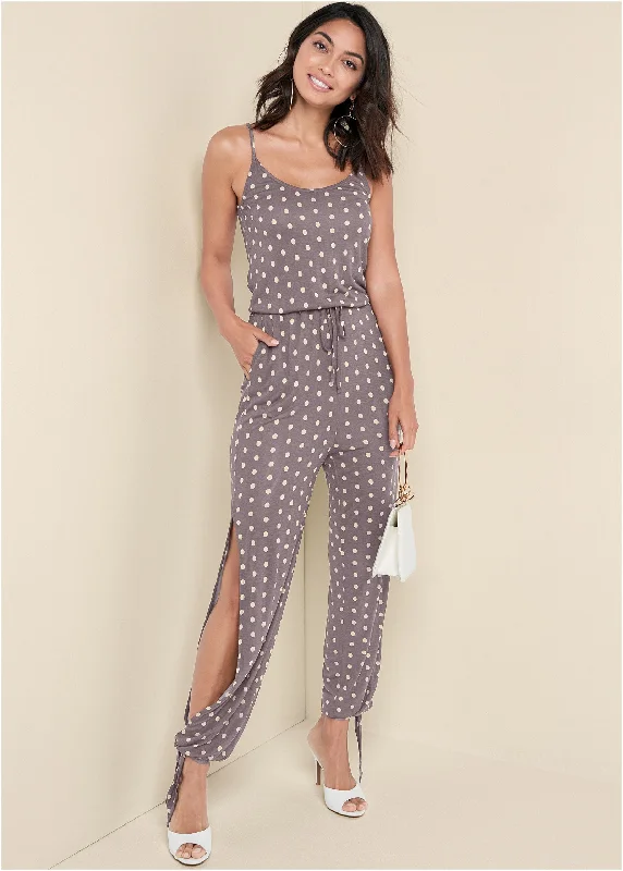 women's dressy jumpsuitsPolka Dot Jumpsuit - Taupe