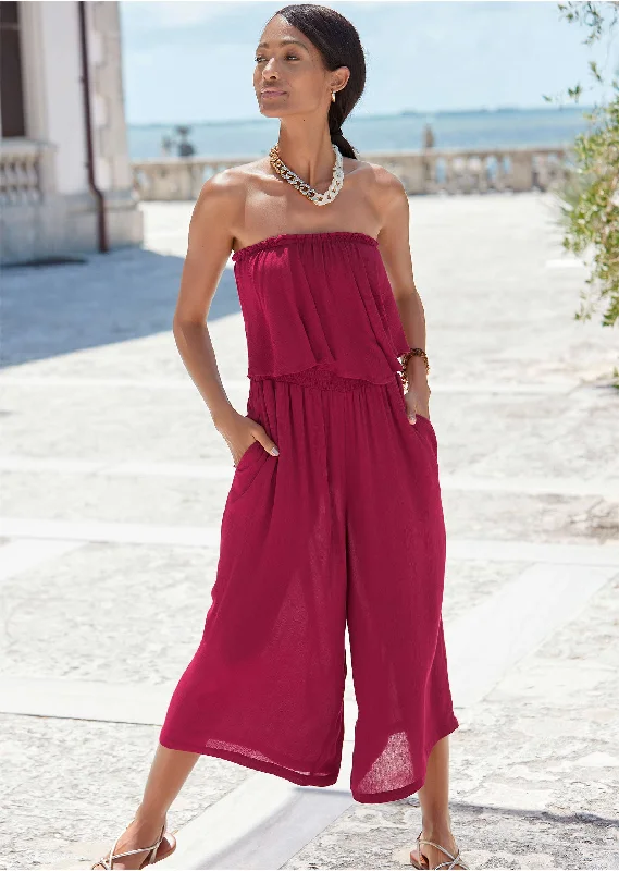 women's jumpsuits with solid colorsStrapless Ruffle Jumpsuit - Mauve