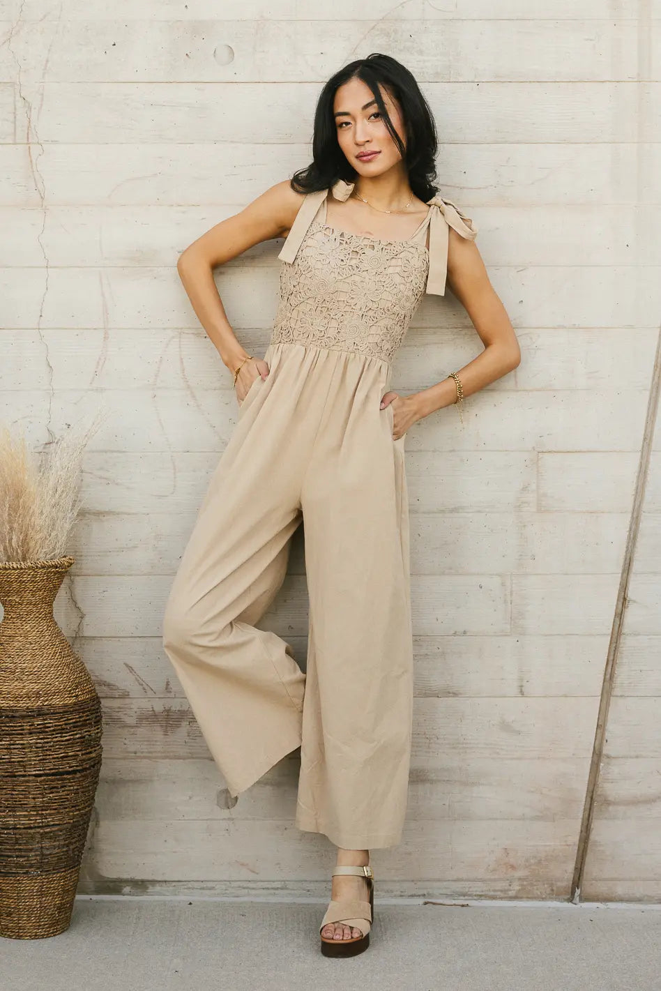 women's jumpsuits with long sleevesKaia Crocheted Jumpsuit in Latte - FINAL SALE