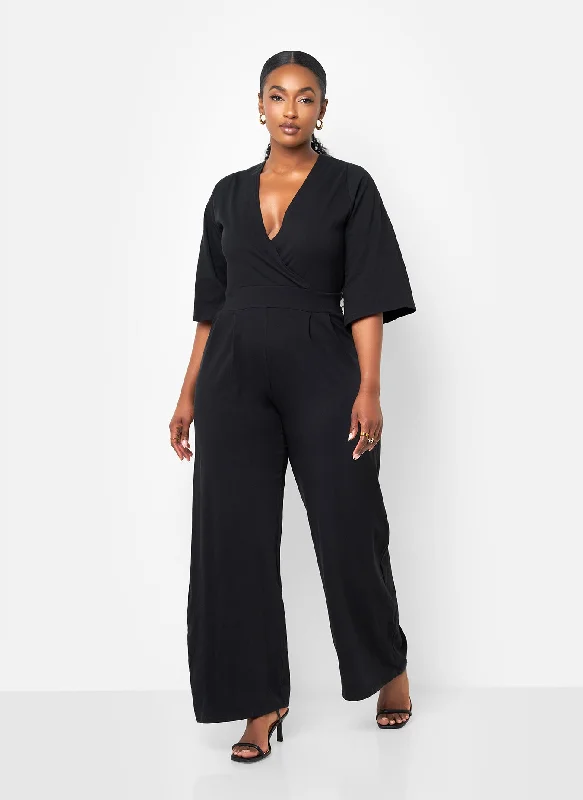 women's jumpsuits for loungingKarma Pleated Wide Leg Jumpsuit - Black