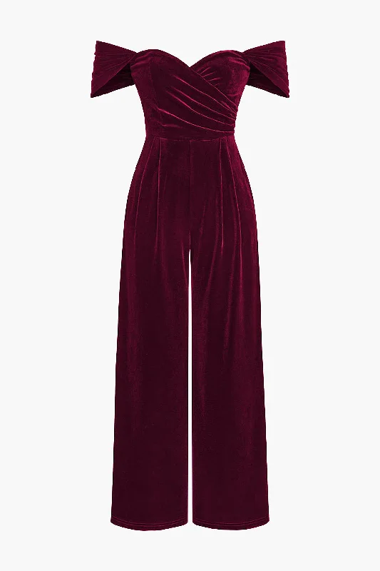 women's jumpsuits with bell sleevesVelvet Off Shoulder Zipper Back Jumpsuit