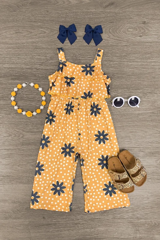 women's formal jumpsuitsMustard Polka Dot & Flower Ruffle Jumpsuit