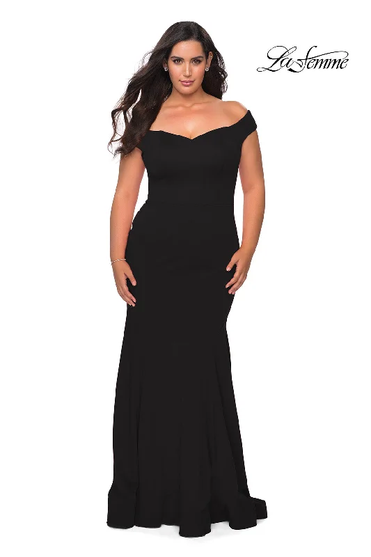 Mermaid DressLa Femme 28963 Off The Shoulder Jersey Fit & Flare Gown | Black, Red