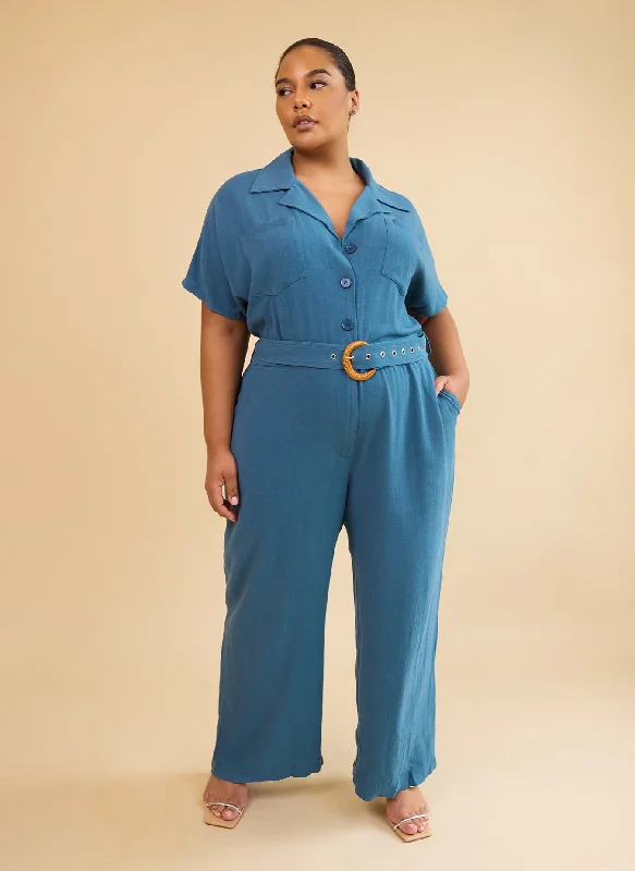 women's jumpsuits for weddingsPadma Linen Belted Jumpsuit - Cadet Blue