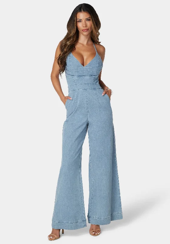 women's jumpsuits for springPlunging Vneck Full Wide Leg Denim Jumpsuit