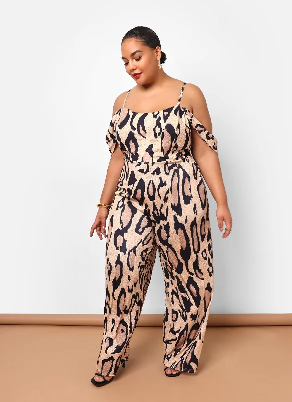 women's jumpsuits for beach outingsSarriyah Leopard Drop Sleeve Bell Bottom Jumpsuit