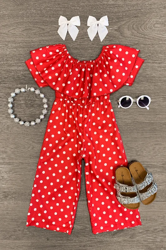 women's casual jumpsuitsRed Polka Dot Ruffle Jumpsuit