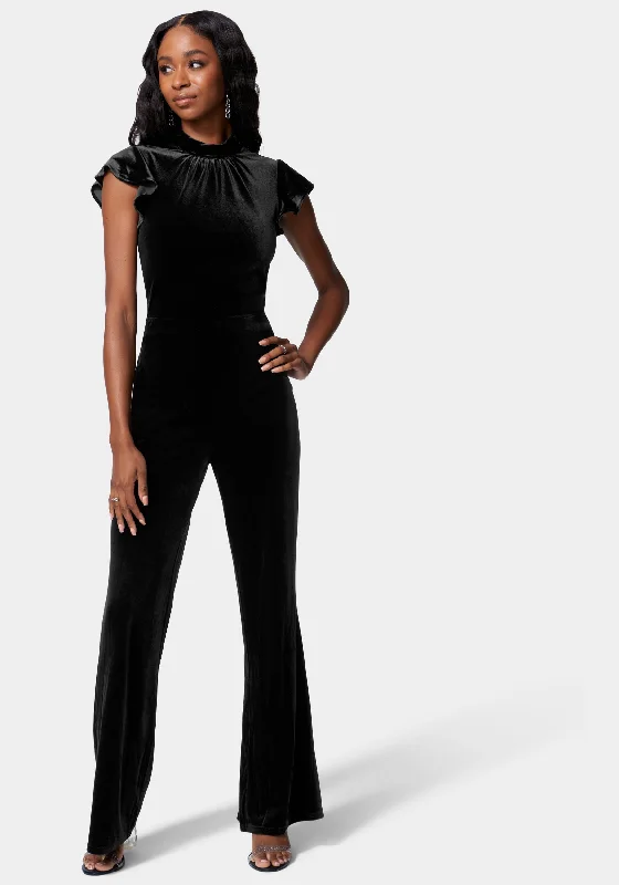 women's jumpsuits for lightweight designsRuffle Sleeve Flare Leg Velvet Jumpsuit