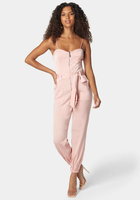 women's jumpsuits with spaghetti strapsSelf Tie Bustier Jogger Jumpsuit