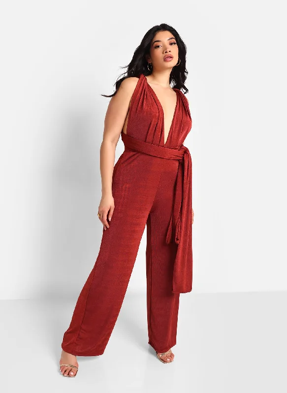 women's jumpsuits for pear-shaped bodiesSol Slinky Tie Back Wide Leg Jumpsuit - Brick