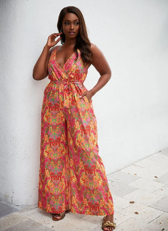 women's jumpsuits for curve-hugging stylesSoleil Tropical Print Wide Leg Jumpsuit W. Pockets