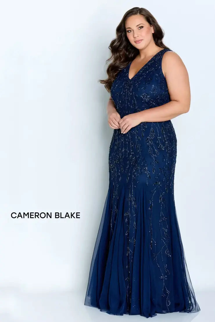 Short-Sleeve DressCameron Blake 221684 V-Neck Beaded Godet Gown