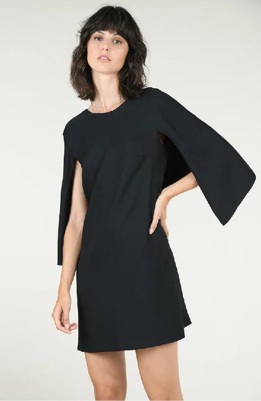 women's empire waist dressesScoop-Neck Black Shift Dress With Attached Back Cape