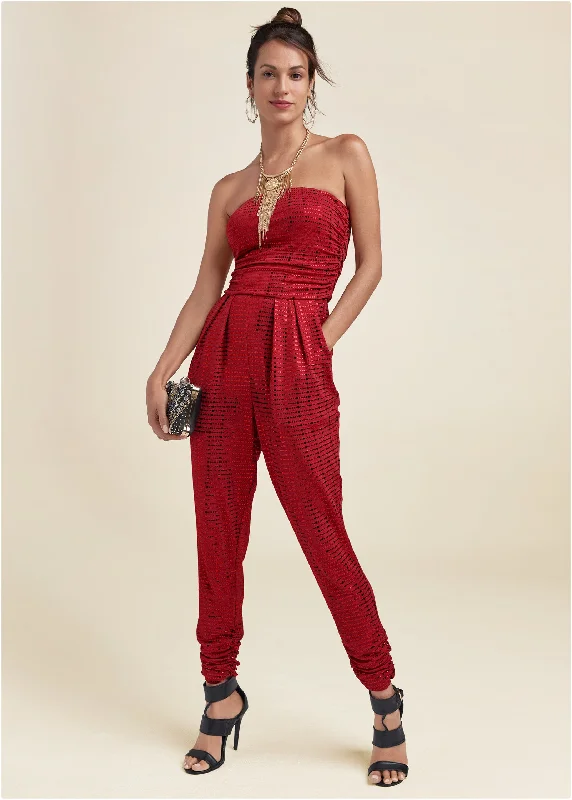 women's jumpsuits for stylish and functional fashionRuched Sequin Jumpsuit - Red