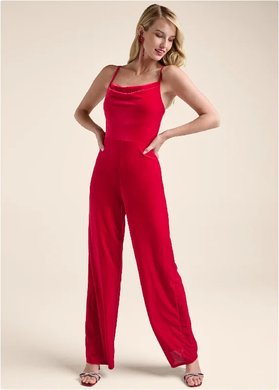 women's jumpsuits for all-day comfortVelvet Cowl-Neck Jumpsuit - Red