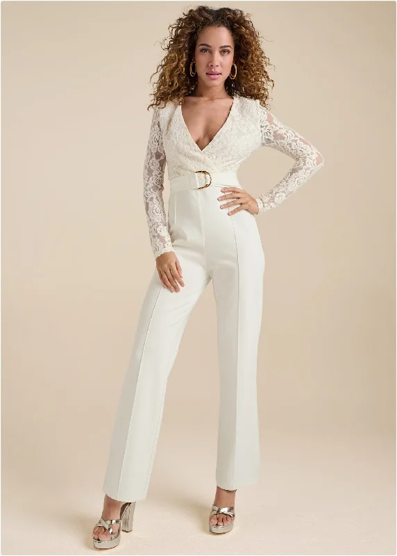 women's jumpsuits for curve-hugging stylesLace V-Neck Belted Jumpsuit - White