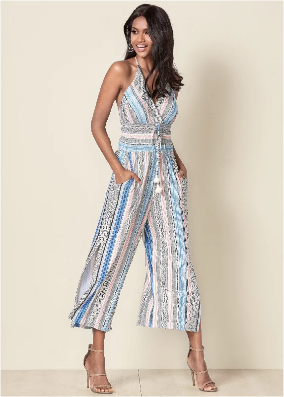 women's jumpsuits for machine-washable fabricsTassel Halter Jumpsuit - Light Blue Multi