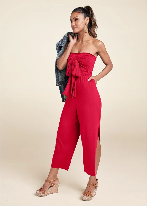 women's high-slit jumpsuitsSmocked Tie-Front Jumpsuit - Red