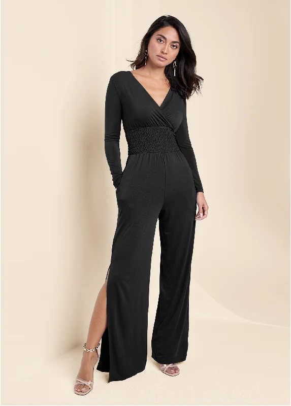 women's jumpsuits with high necksSmocked Waist Jumpsuit - Black