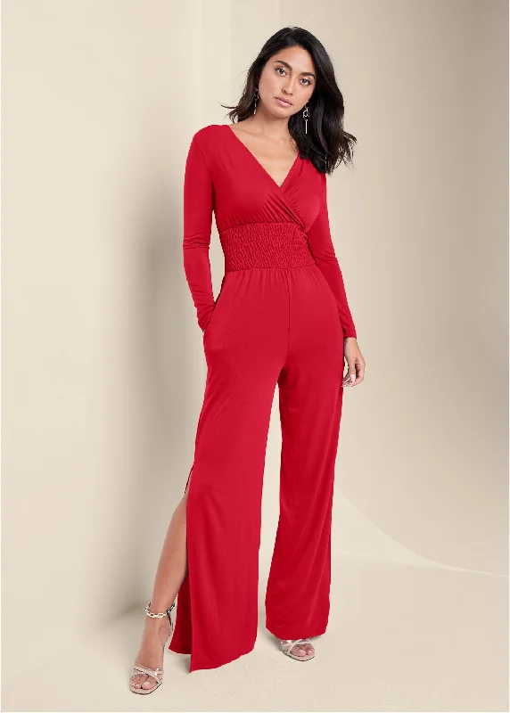 women's jumpsuits for plus-size figuresSmocked Waist Jumpsuit - Red