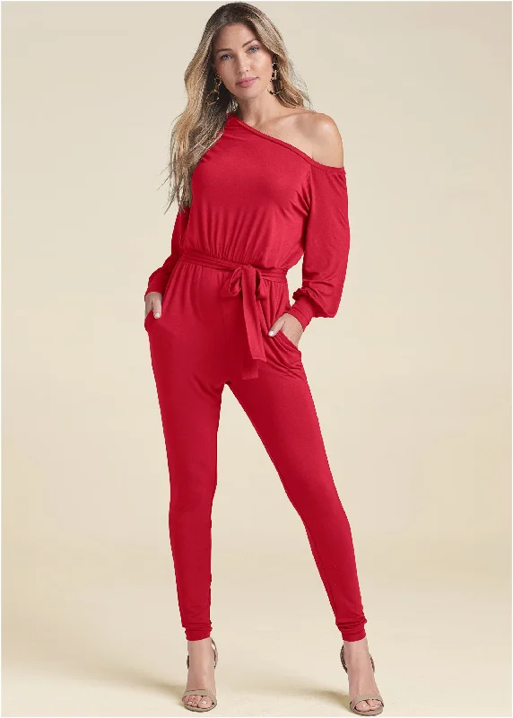 women's jumpsuits for weddingsOff-Shoulder Jumpsuit - Red