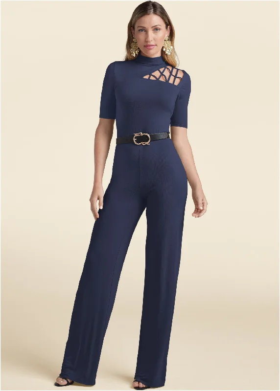 women's jumpsuits for easy dressingStrappy Mock-Neck Jumpsuit - Navy