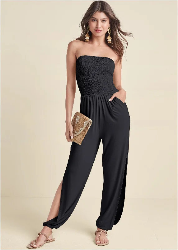 women's formal jumpsuitsSmocked Side Slit Jumpsuit - Black