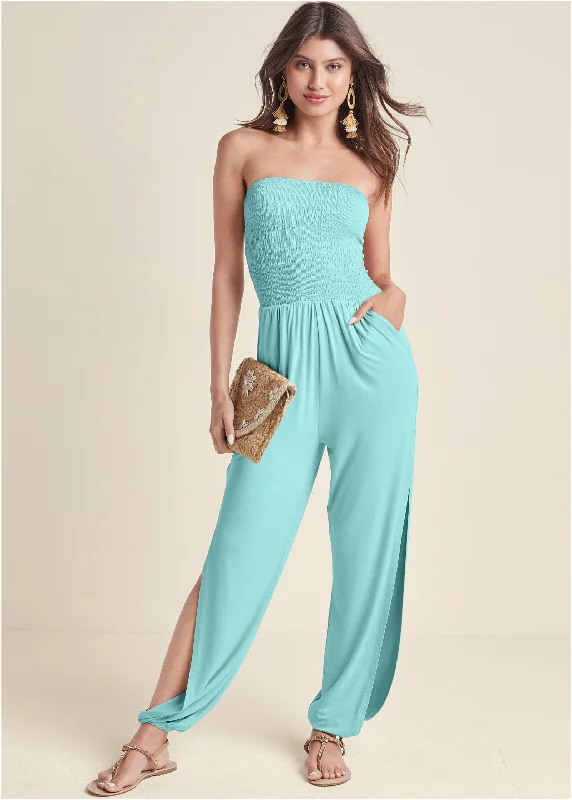 women's jumpsuits with spaghetti strapsSmocked Side Slit Jumpsuit - Mint