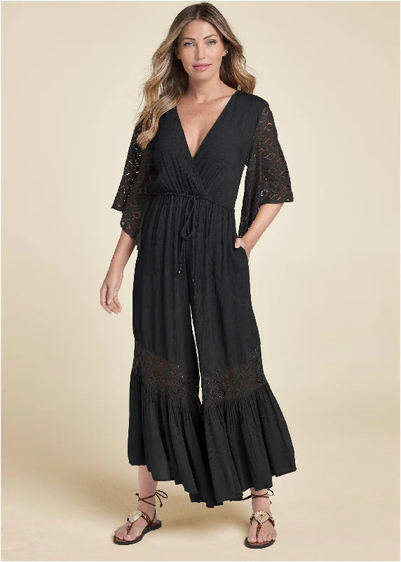 women's jumpsuits for loungingWide Leg Lace Trim Jumpsuit - Black