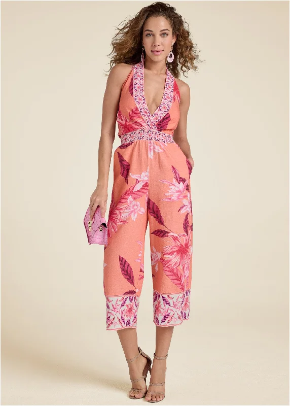 women's jumpsuits for apple-shaped bodiesStrawberry Floral Jumpsuit - Pink Multi