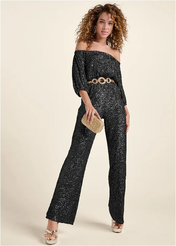 women's jumpsuits with off-the-shoulder sleevesOff-Shoulder Sequin Jumpsuit - Black