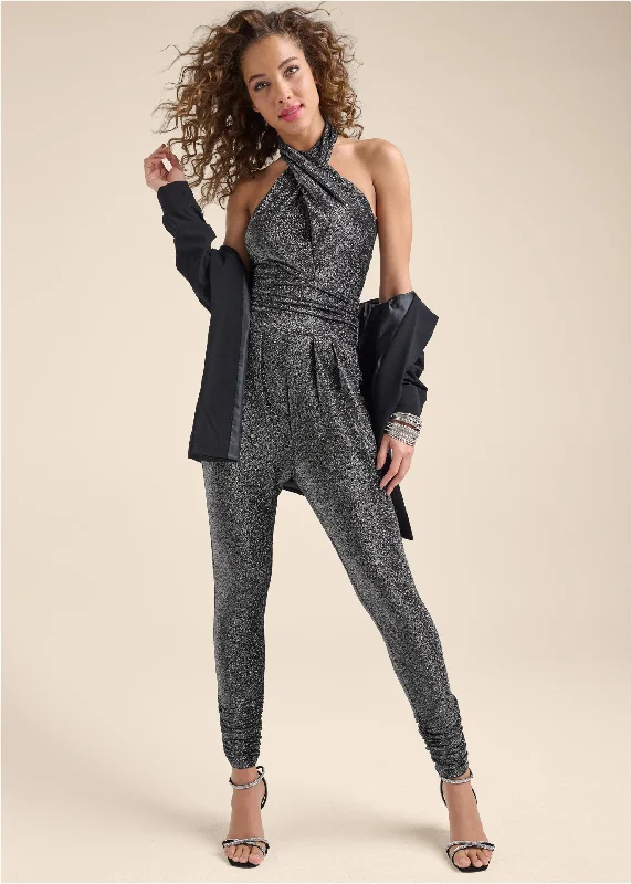 women's chic jumpsuitsCross-Neck Sparkle Jumpsuit - Silver