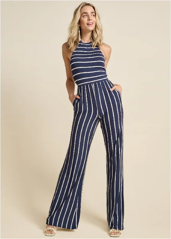 women's jumpsuits with pastel huesStriped Halter Jumpsuit  - Navy & White