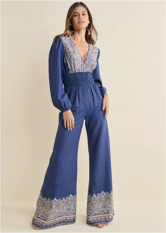 women's jumpsuits for casual gatheringsPrinted Wide Leg Jumpsuit - Blue Multi