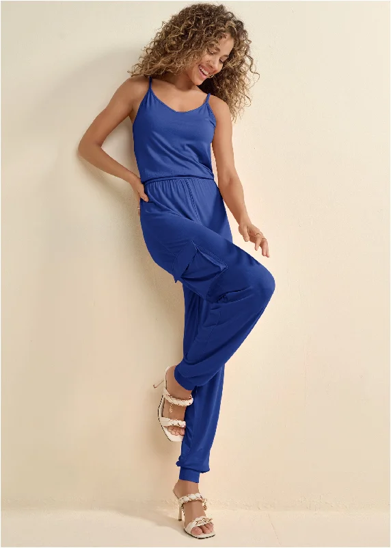 women's jumpsuits with buttonsCargo Jogger Jumpsuit - Dark Blue