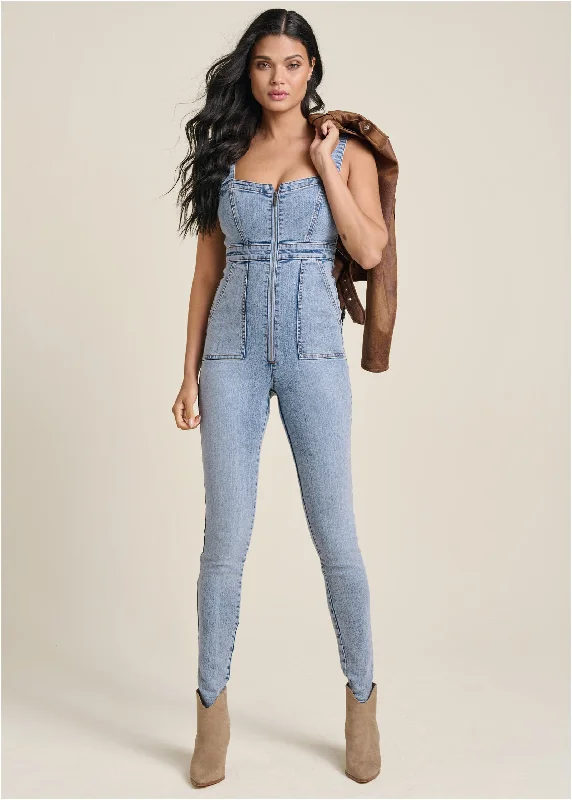 women's jumpsuits for plus-size figuresZip-Front Denim Jumpsuit - Acid Wash