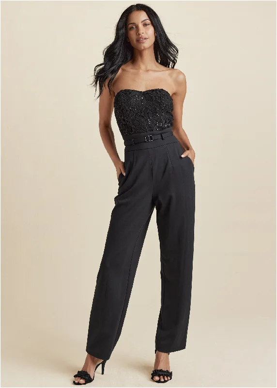 women's jumpsuits with off-the-shoulder necksLace Corset Jumpsuit - Black