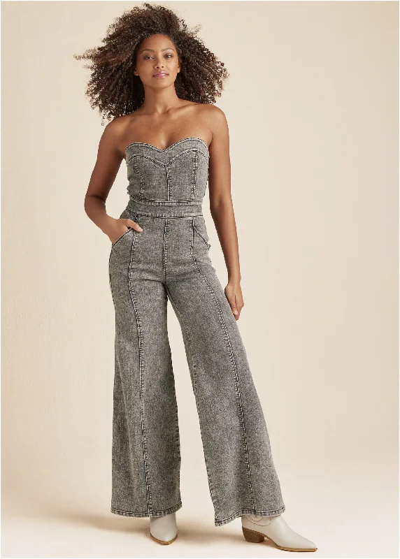 women's cropped jumpsuitsWide Leg Denim Jumpsuit - Grey Washed Denim