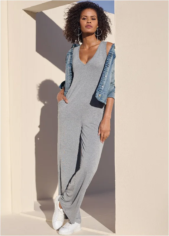 women's jumpsuits for bohemian chicRelaxed V-Neck Jumpsuit - Heather Grey