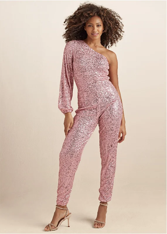 women's jumpsuits with flutter sleevesSequin One-Shoulder Jumpsuit - Peach