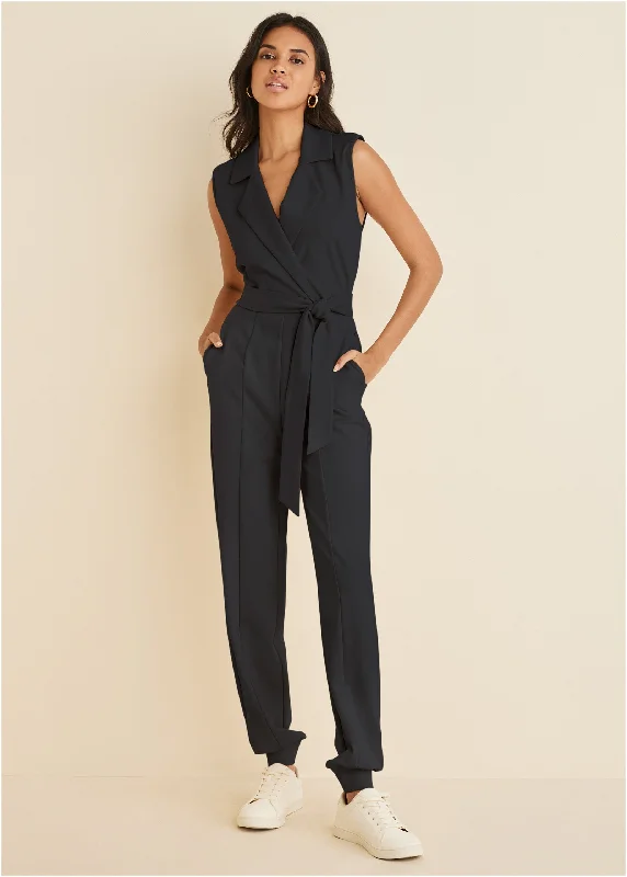 women's jumpsuits for hourglass figuresPonte Collar Jumpsuit - Black